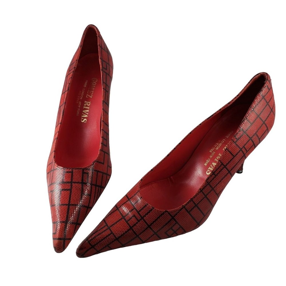 Art Deco Gomez Rivas Red Black Geo All-Leather Pumps Heels Size 8